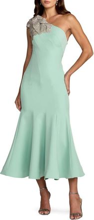 Mac Duggal Sleeveless Crepe One Shoulder Mermaid Midi Dress With Flower in Sage at Nordstrom, Size 10