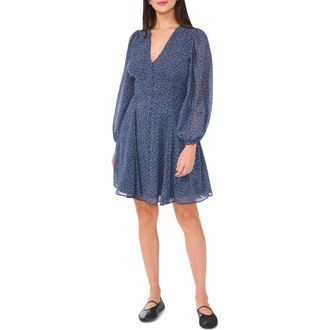 1.State Floral V-Neck Long Sleeve Button Front Dress in Indigo Night at Nordstrom, Size 8