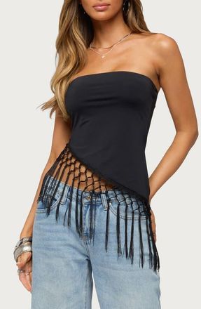 Edikted Sarika Asymmetric Fringe Strapless Top in Black at Nordstrom, Size X-Small