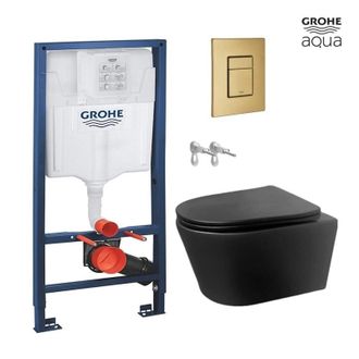 GROHE Pack Wc Suspendido Con Bastidor Grohe Rapid Sl + Pulsador Skate Oro Cepillado + Inodoro Lia Rimless Negro Mate Azulbath