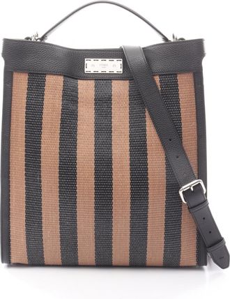 Fendi Black Brown Leather Raffia Tote Bag (Pre-Owned)