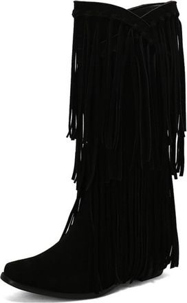 Generic Womens Square Toe Fringe Cowboy Boots Faux Suede Knee High Boots Block Heel Western Cowgirl Boot,Black,4.5 UK