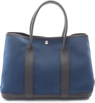 Herm&egrave;s Black Blue Toile Officier Handbag Tote Bag (Pre-Owned)