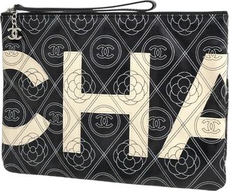 Chanel Camellia Black White Coated Canvas Leather Clutch Bag (Pre-Owned)