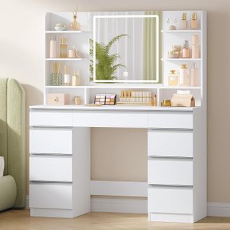 OEM Toeletta Da Trucco Grande Con Illuminazione A Led, 3 Colori, Luminosit&agrave; Regolabile, Tavolo Da Trucco Con Specchio, 9 Cassetti, 9 Ripiani Aperti, Stile