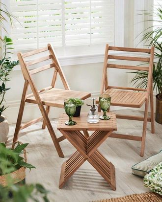 Dibor Wooden 3pc Bistro Set Teak Slatted Wooden Folding Outdoor Garden Dining Furniture - 2 Dining Chairs & Coffee Table