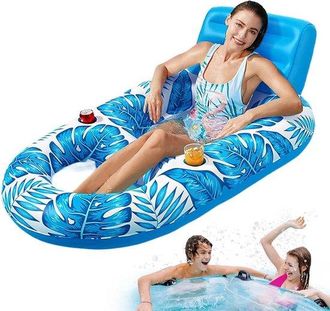 No Brand Tumbona Hinchable Para Piscina - Rel&aacute;jate En El Agua - Con Portavasos - 160x120cm - Azul
