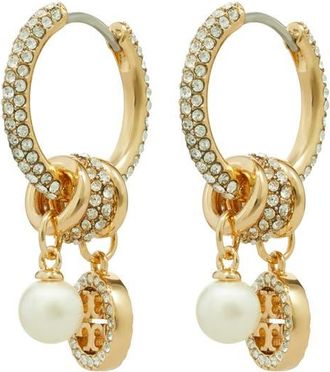 Tory Burch Icon Pav&eacute; Hoop Charm Earrings in Tory Gold /Crystal /Pearl at Nordstrom