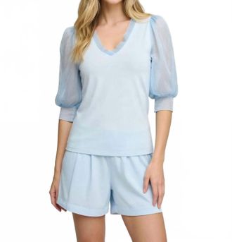 Maven West Three Quarter Sleeve Mixed Media Top In Sky Blue