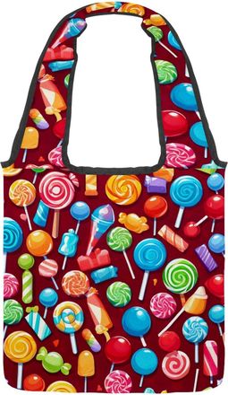 Generic Red Candy Pattern Reversible Canvas Shoulder Tote - Double-Sided Print, 12oz Cotton, 27cm Drop, Fold-Flat Bag for Travel, Shopping, Street Outings