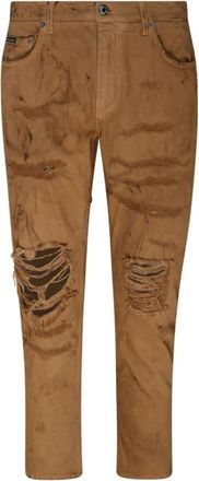 Dolce & Gabbana Lichtbruine Slim Fit Jeans met Scheuren - Heren - Slim Fit Broeken - Bruin - M - Katoen - Broeken