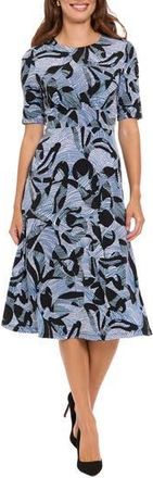 London Times Short Sleeve Inset Waist Midi Dress in Black/Blue at Nordstrom Rack, Size 14