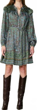 Current Air Button Down Dress With Ruffles In Teal/brown