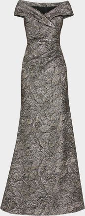 Teri Jon Leaf Pattern Jacquard Off-The-Shoulder Gown