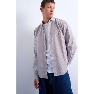 Topman Relaxed Fit Stripe Button-Up Shirt in Brown at Nordstrom, Size Xx-Large