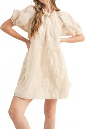 Merci Teagan Puff Sleeve Babydoll Mini Dress In Beige