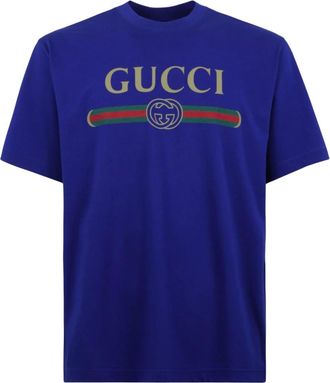 Gucci Jersey T-shirt van zijdeblend - Heren - Tops - Blauw - Maat: S Zijde