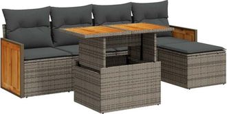 vidaXL 6 Piece Garden Sofa Set with Cushions Grey Poly Rattan Acacia Vidaxl