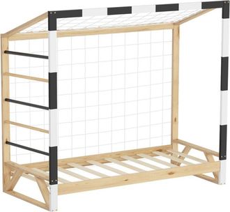 ML Design Letto per Bambini 80x160 cm Naturale con Porta da Calcio Bianco Nero Scala e Rete Letto Singolo Legno di Pino con Doghe Struttura per Cameretta