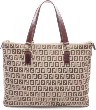 Fendi Beige Brown Canvas Leather Handbag Tote Bag (Pre-Owned)