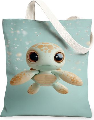 Generic Cute Turtle Canvas Tote Bags, Cartoon Sea Creature Pattern Reusable Grocery Bags, Summer Lightweight Washable Shoulder Stra, Light Blue, 13x15 Inch