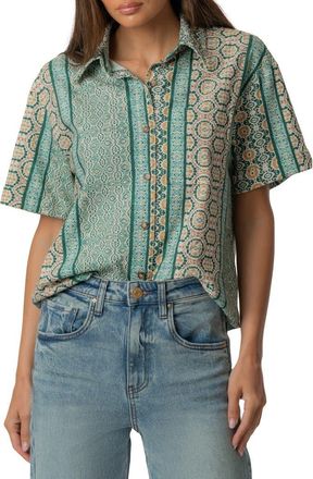 Kut from the Kloth Aida Stretch Cotton Blend Short Sleeve Button-Up Top in Canterbury-Jungle/Sand at Nordstrom, Size X-Small
