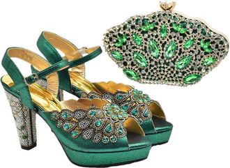 Generic Womens Peep Toe Thin Heels Shoes Matching Flower Evening Handbag Set Sparkly Rhinestone Big Crystal Decoration