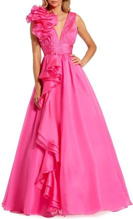 Mac Duggal Petite Ruffle Shoulder V-Neck Chiffon Gown in Hot Pink at Nordstrom, Size 10
