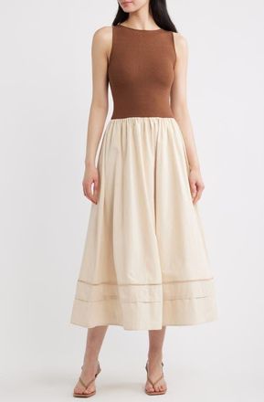Blu Pepper Mixed Media Lace Inset Midi Dress in Brown at Nordstrom, Size Medium