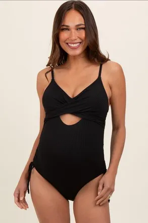 Pinkblush Ribbed Wrap Front Drawstring Side One-Piece Swimsuit in Black at Nordstrom, Size Large