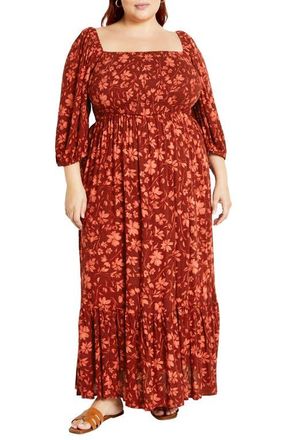City Chic Kaylee Floral Smocked Bodice Maxi Dress in Rust Floral at Nordstrom, Size 14W