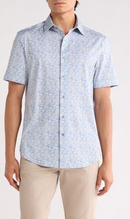 Bugatchi Abstract Print Stretch Cotton Short Sleeve Button-Up Shirt in Cobalt at Nordstrom Rack, Size Xxx-Large