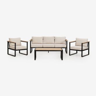 Sklum Conjunto De Jard&iacute;n Con Sof&aacute; De 3 Plazas, 2 Sillones Y Mesa De Centro En Aluminio Y Madera De Acacia Lipov Sklum