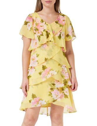 Gina Bacconi Printed V Neck Tiered Dress, Yellow, 16