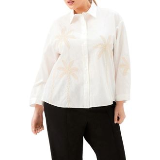 Karen Kane Embroidered Palm Tree Cotton Button-Up Shirt in Off White at Nordstrom, Size 3 X