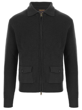 Woolrich Black Full-Zip Ribbed Knit Wool Sweater
