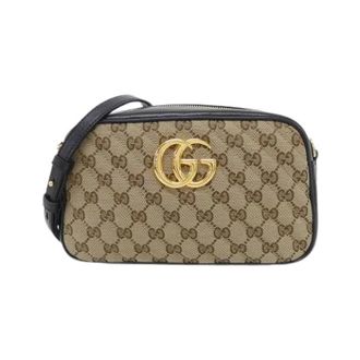 Gucci Pre-owned GG Marmont GG Canvas Leder Schoudertas - Dames - Pre-owned - Beige - Maat: ONE Size Leer