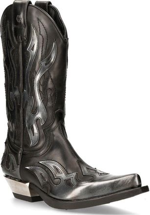 New Rock Flame Accented Black/Silver Leather Biker Cowboy Boots- M-7921-S3