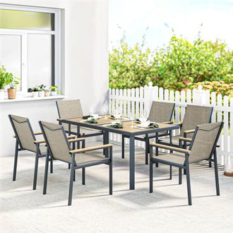 OUTSUNNY 7 Piece Garden Dining Set, Outdoor Table & 6 Chairs, Khaki | Size: Medium
