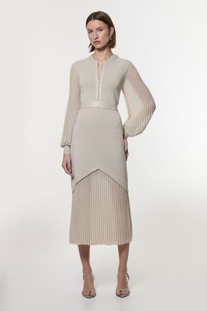 Karen Millen Pu Trim Woven Sleeved Pleated Dress in Stone at Nordstrom, Size X-Small