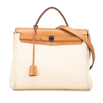 Herm&egrave;s Haut Courroies Canvas Leren Handtas