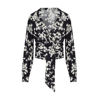 Elisabetta Franchi Blouses, female, Black, Size: S Floral V-Neck Shirt with Enamel Buttons