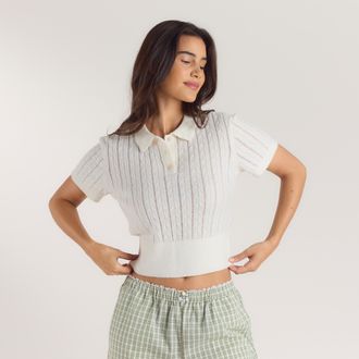 Lounge Sheer Gebreide Polo Top - Cr&egrave;me - XXL