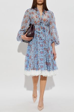 Dolce & Gabbana Silk Dress With Floral Motif, Womens, Blue