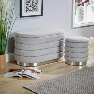 Home Source Industries Set 2 Storage Ottoman Boucle Teddy Fur Footstool Bedroom Bench Storage in Grey | Size: 2 Pack
