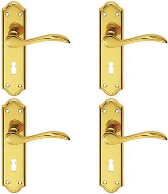 Loops 4x PAIR Curved Door Handle Lever on Lock Backplate 180 x 45mm Polished Brass