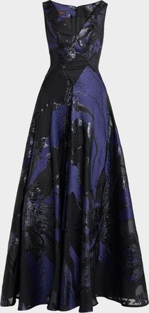 Talbot Runhof Monarch Jacquard Sleeveless A-Line Gown