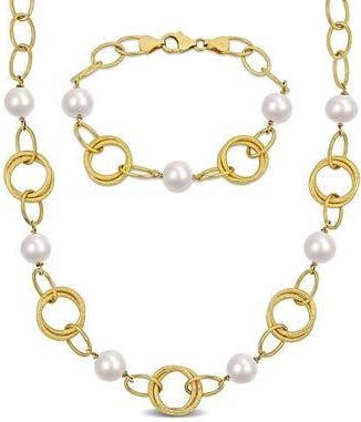 Delmar Cultured Freshwater Pearl & Circle Link Necklace & Bracelet Set in Gold at Nordstrom Rack