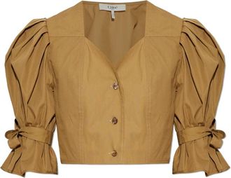 Chlo&eacute; Pofmouw Cropped Top - Dames - Blouses - Bruin - 2XS - Katoen - Overhemden