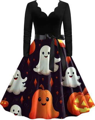 Generic Halloween Costumes for Women Retro Long Sleeve V Neck Dress Flare Vintage Hepburn Dresses Pumpkin Bat Witch Printed Cosplay Party Costume Cocktail Swi